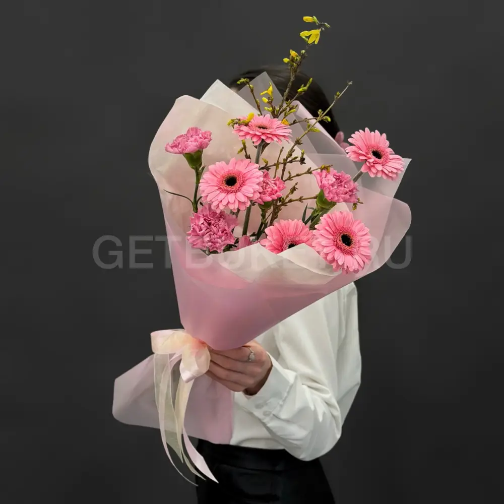 225221 Букет из гвоздик, гербер и форзиции